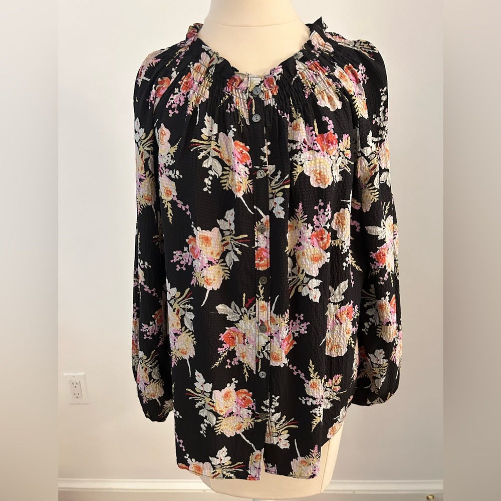 Rebecca Taylor black silk floral blouse top L